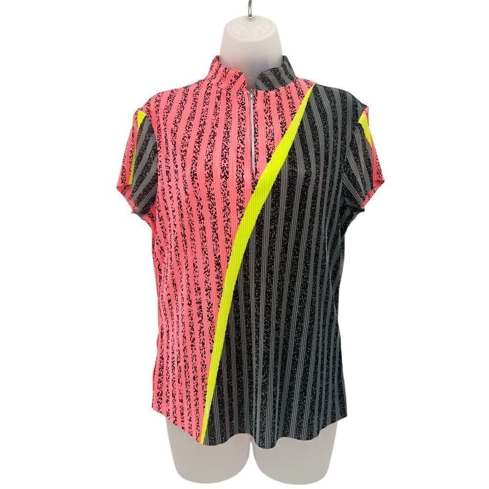 Jamie Sadock Short Sleeve Top Golf Shirt Women's Small Pleated Pink Black Stripe